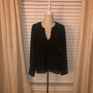 Zara black and white tweed accent sheer blouse